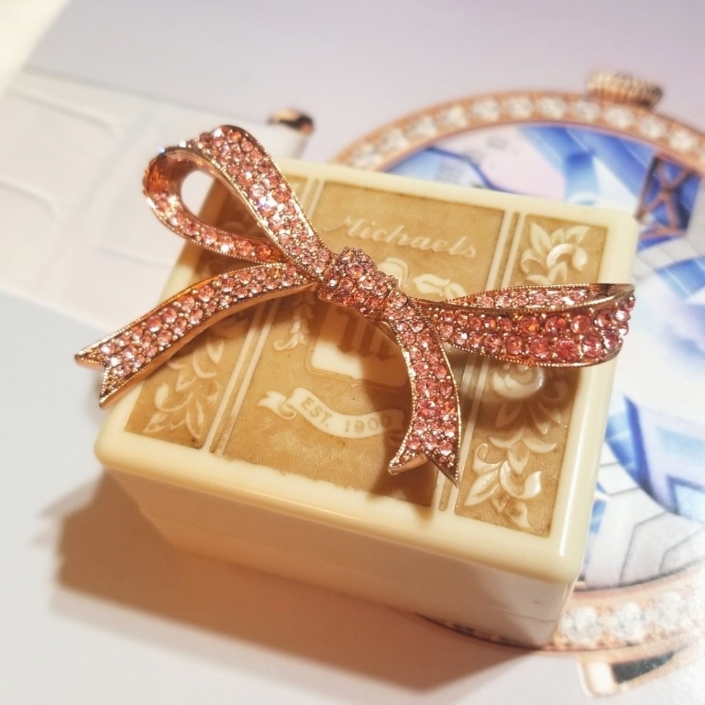 KJL Sparkling Rose Goldtone Pink Crystal Ribbon Bow Brooch